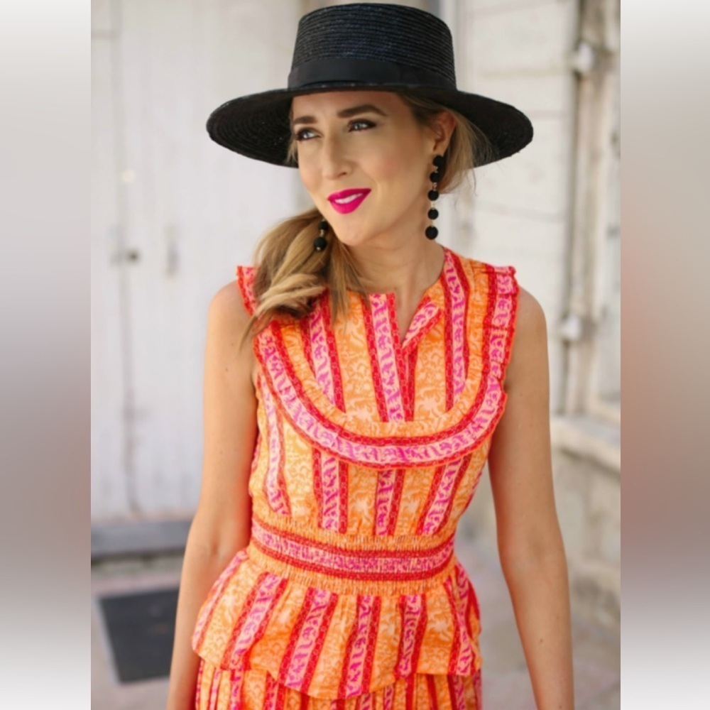 TORY BURCH SLEEVELESS PEPLUM BLOUSE IN ORANGE AND PINK - size 2